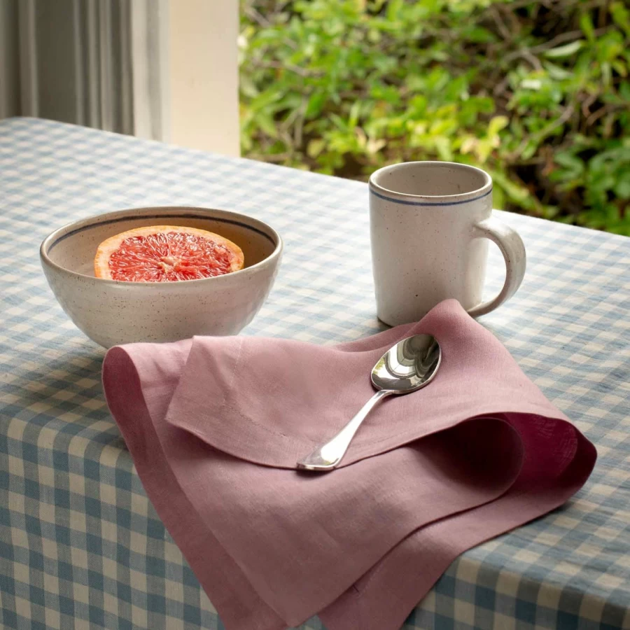 Piglet in Bed Blue Gingham Linen Tablecloth – Reversible Rustic Farmhouse Style for Dining & Events