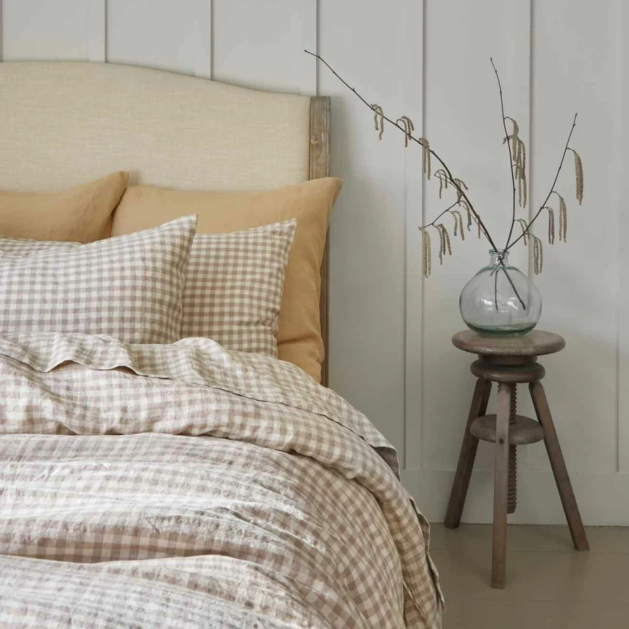 Piglet in Bed Mushroom Print Gingham Linen Pillowcase Set of 2 - Organic Cotton Blend Euro Sham Covers