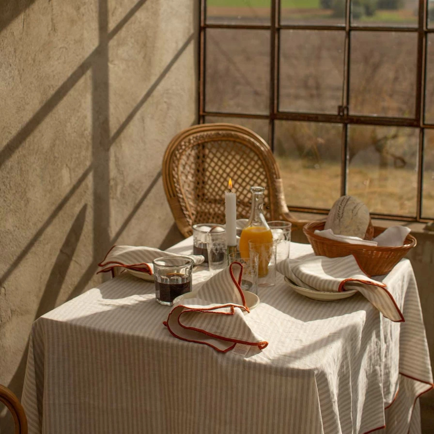 "Piglet in Bed Organic Oatmeal Striped Linen Tablecloth – Rustic Farmhouse Dining Decor"