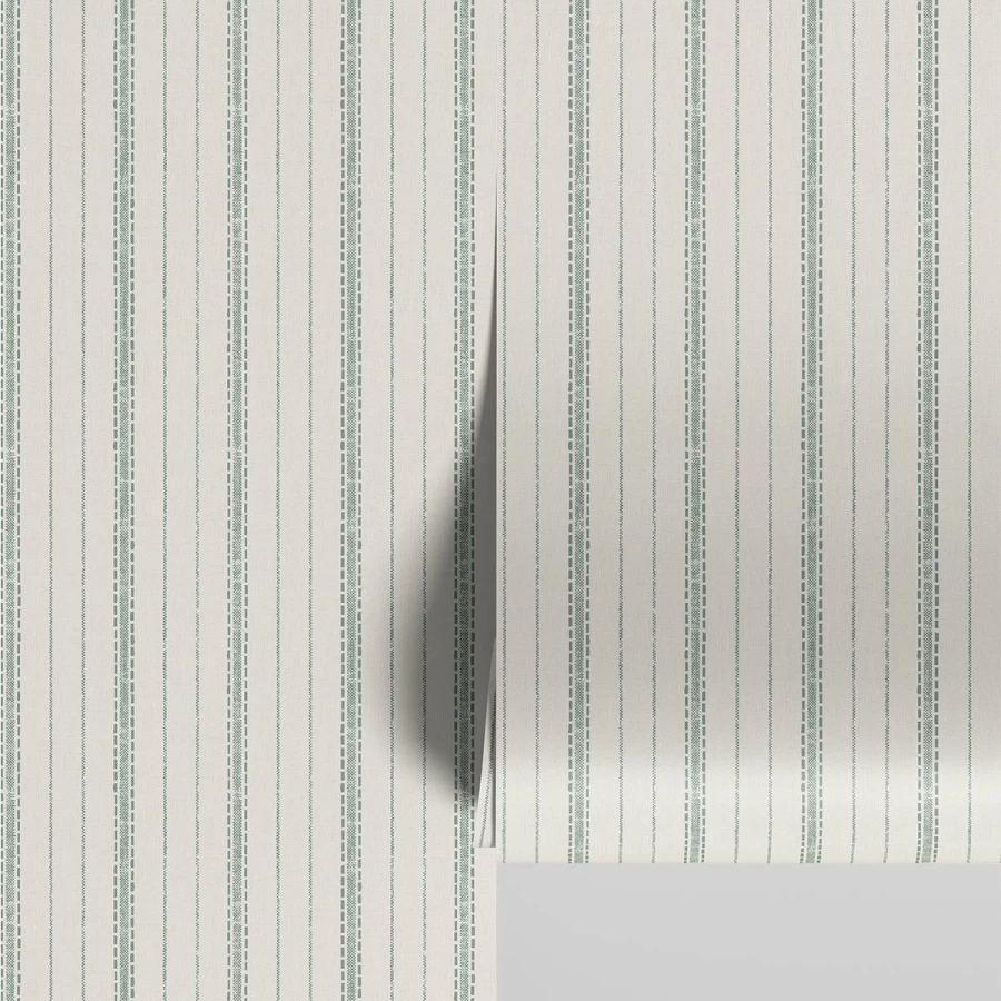 Piglet in Bed Laurel Green Ticking Stripe Wallpaper – Botanical Vintage Style Peel and Stick Wallpaper