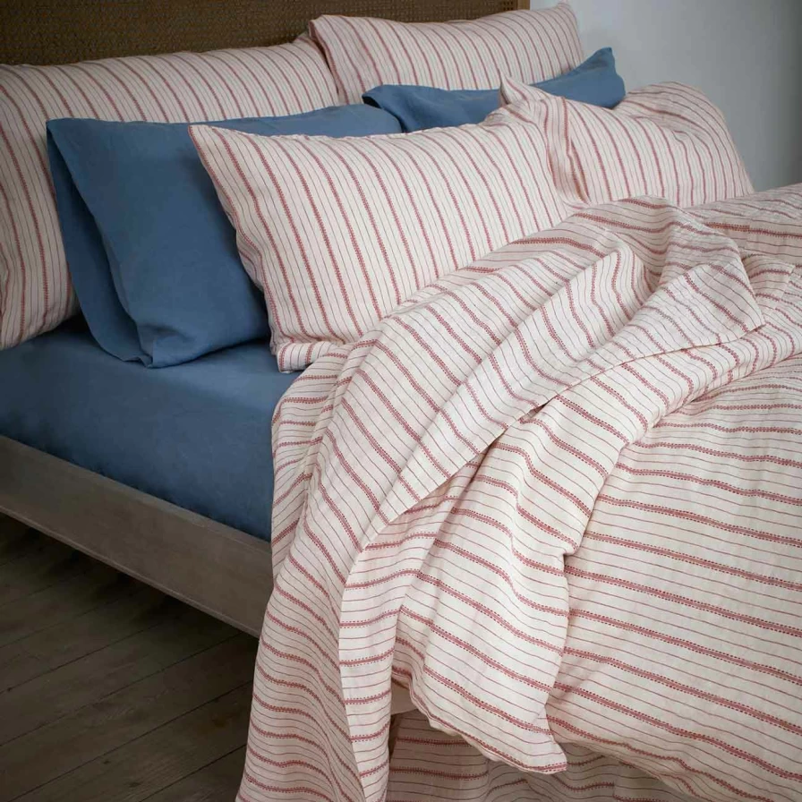 Piglet in Bed 100% Linen Flat Sheet - Mineral Red Ticking Stripe - Breathable & Soft Bedding