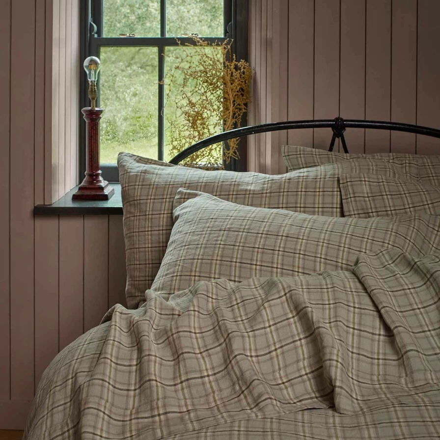 Piglet in Bed Laurel Green Check Linen Pillowcase Set - 100% Organic Linen Pair for Luxury Bedding
