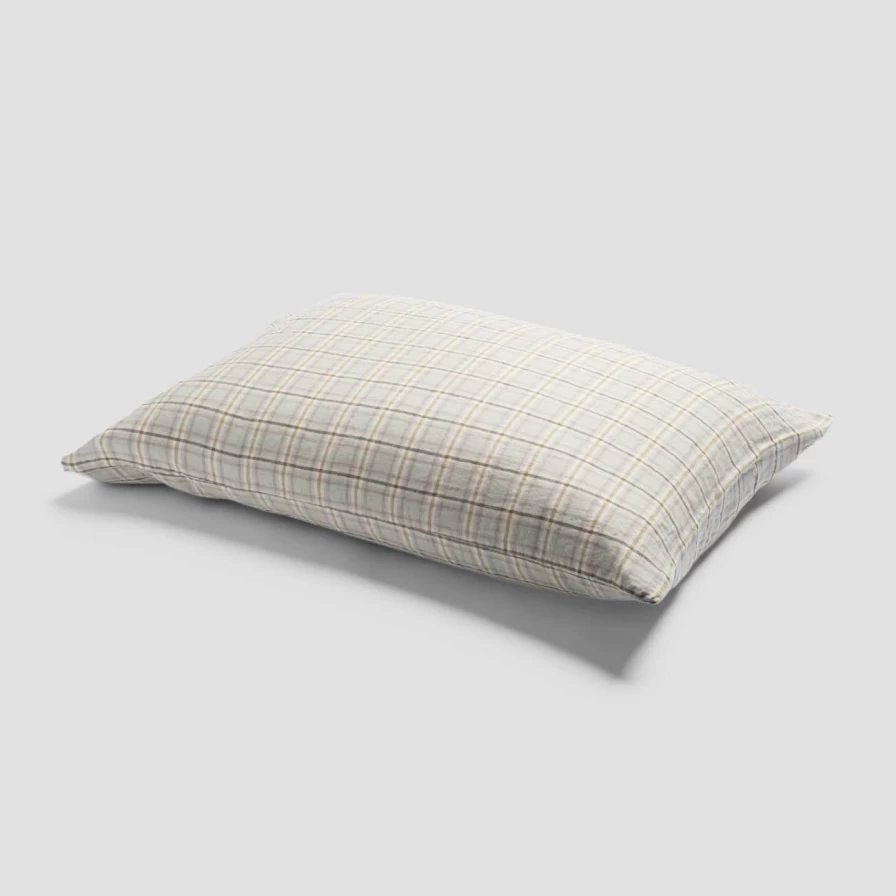 Piglet in Bed Laurel Green Check Linen Pillowcase Set - 100% Organic Linen Pair for Luxury Bedding