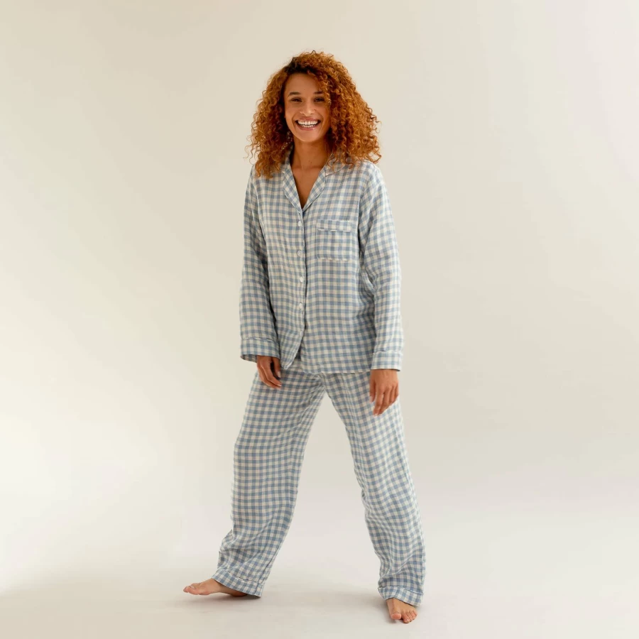 Piglet in Bed Blue Gingham Linen Pyjama Set - Cozy Winter Pajamas for Women