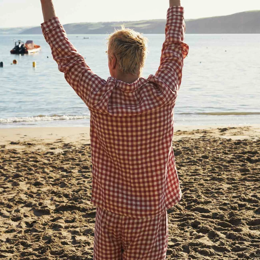 Piglet in Bed Men's Mineral Red Gingham Cotton Pyjama Shirt - Comfortable Sleepwear