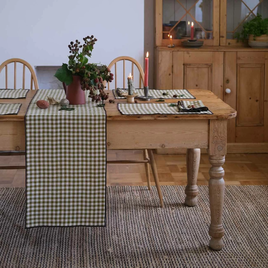 Piglet in Bed Botanical Green Gingham Linen Table Runner – Handmade Natural Decor for Dining Table