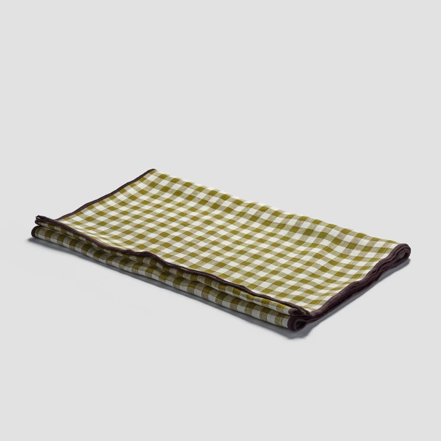 Piglet in Bed Botanical Green Gingham Linen Table Runner – Handmade Natural Decor for Dining Table