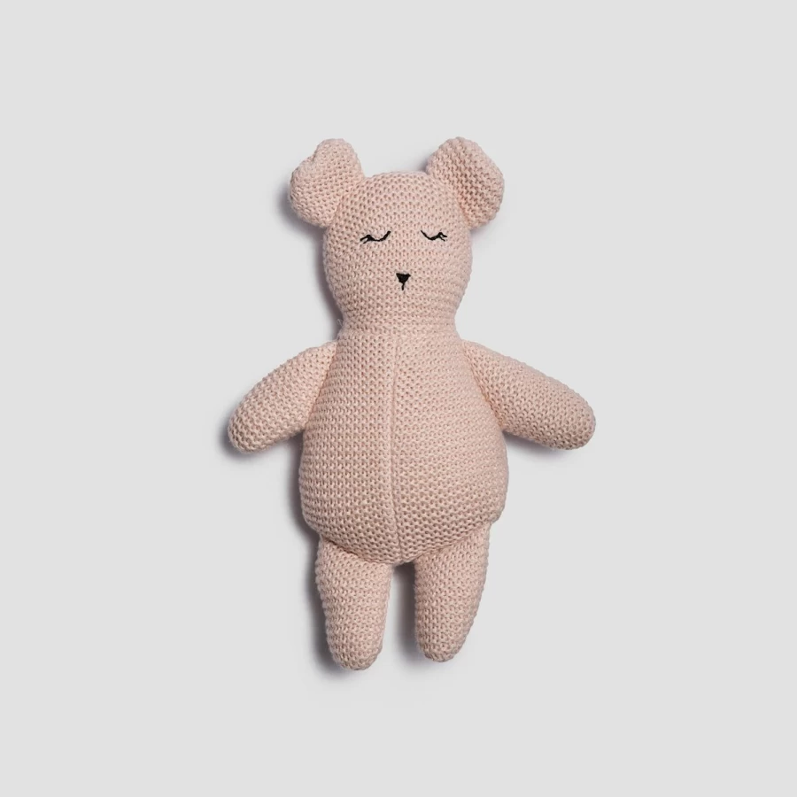 "Piglet in Bed Handmade Chalk Knitted Teddy Bear - Soft Organic Cotton Plush Toy"