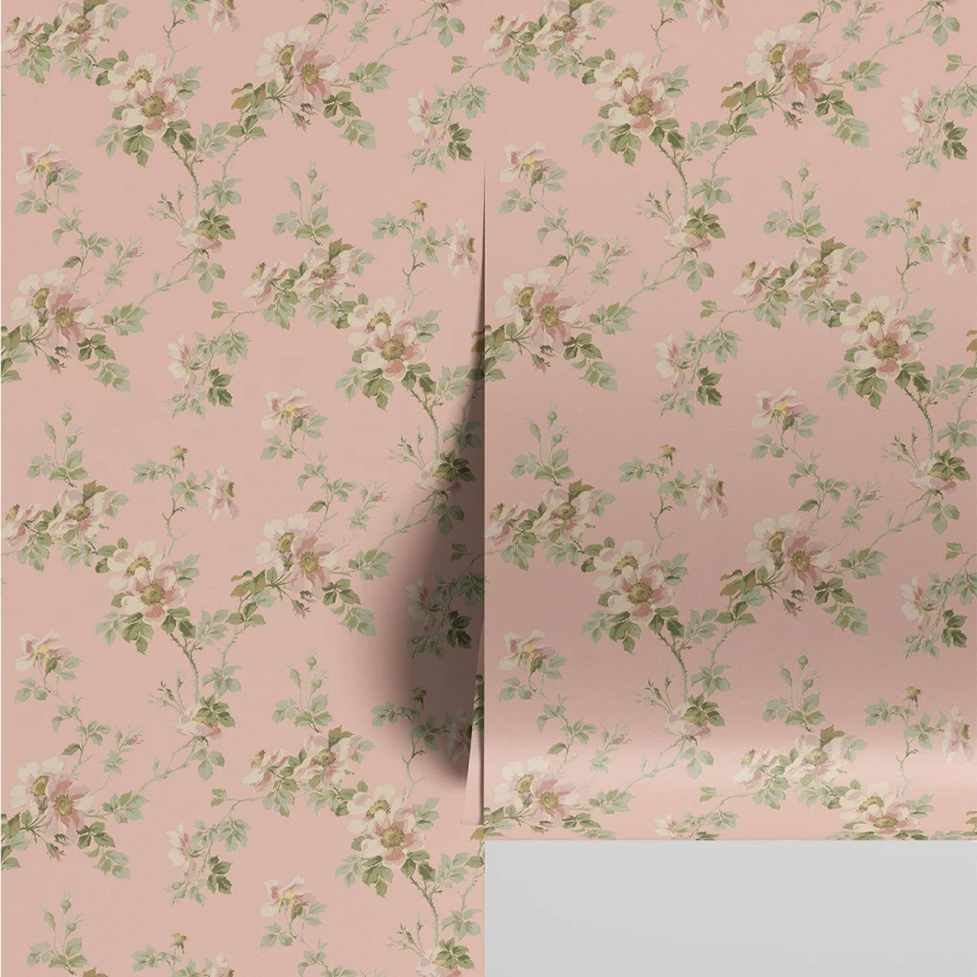 "Piglet in Bed Powder Peach Field Rose Wallpaper – Floral Peel and Stick Wallpaper"