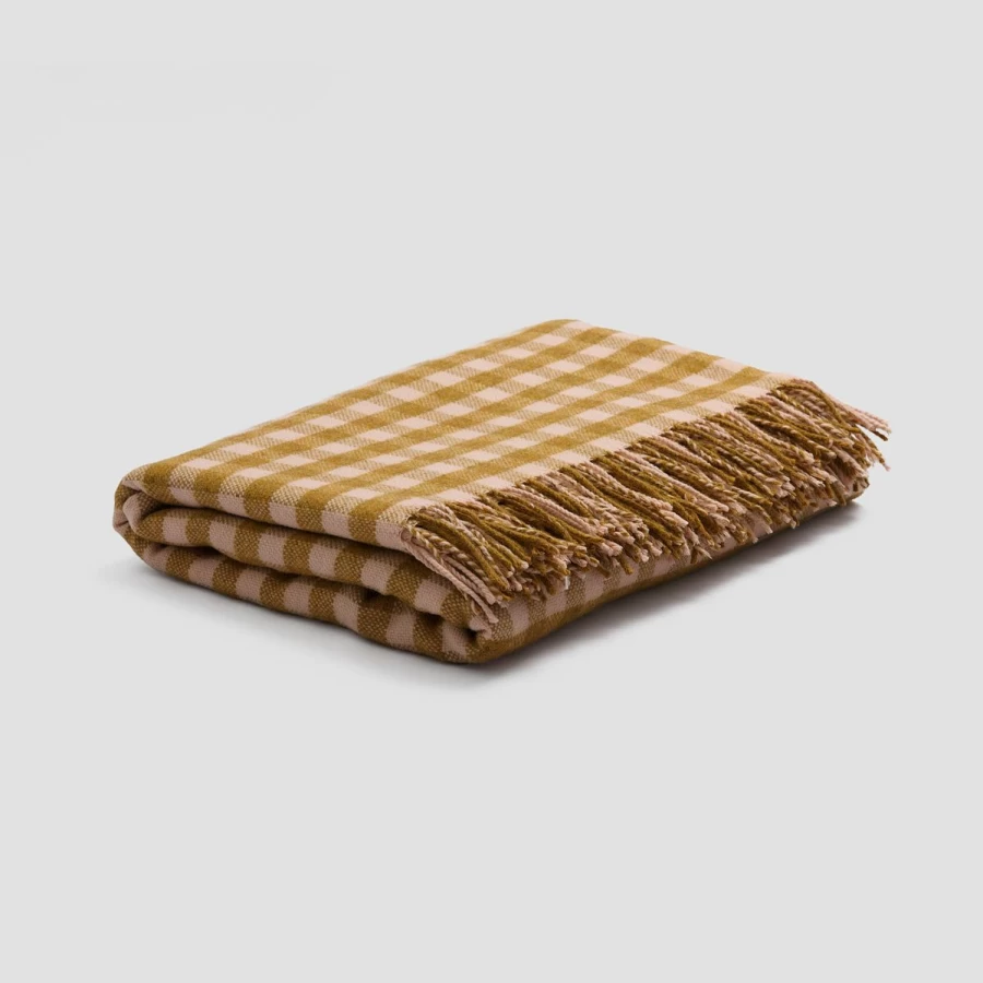 Piglet in Bed Ochre Checkered Wool Blanket – Cozy Gingham Throw for Bed & Sofa