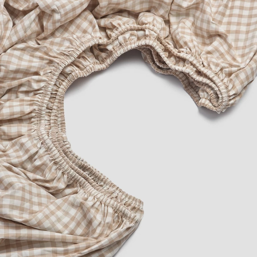 Piglet in Bed Cafe Au Lait Small Gingham Cotton Fitted Sheet - Organic, Breathable, Soft Bedding for Cozy Nights