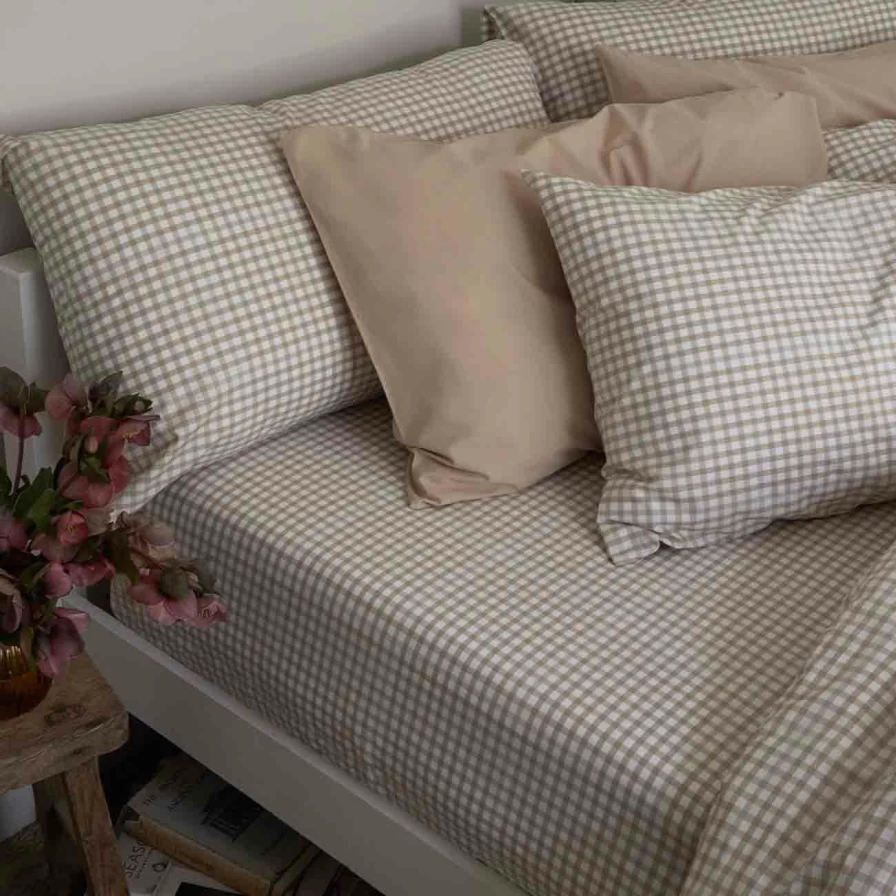 Piglet in Bed Cafe Au Lait Small Gingham Cotton Fitted Sheet - Organic, Breathable, Soft Bedding for Cozy Nights