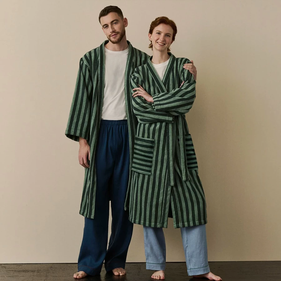Piglet in Bed Pine Green Striped Cotton Robe - Soft Organic Loungewear for Women & Men