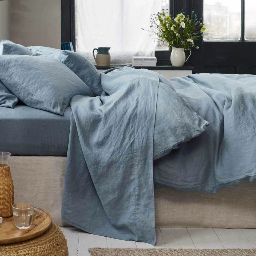 Piglet in Bed Dusk Blue 100% Linen Flat Sheet – Premium Soft Bedding