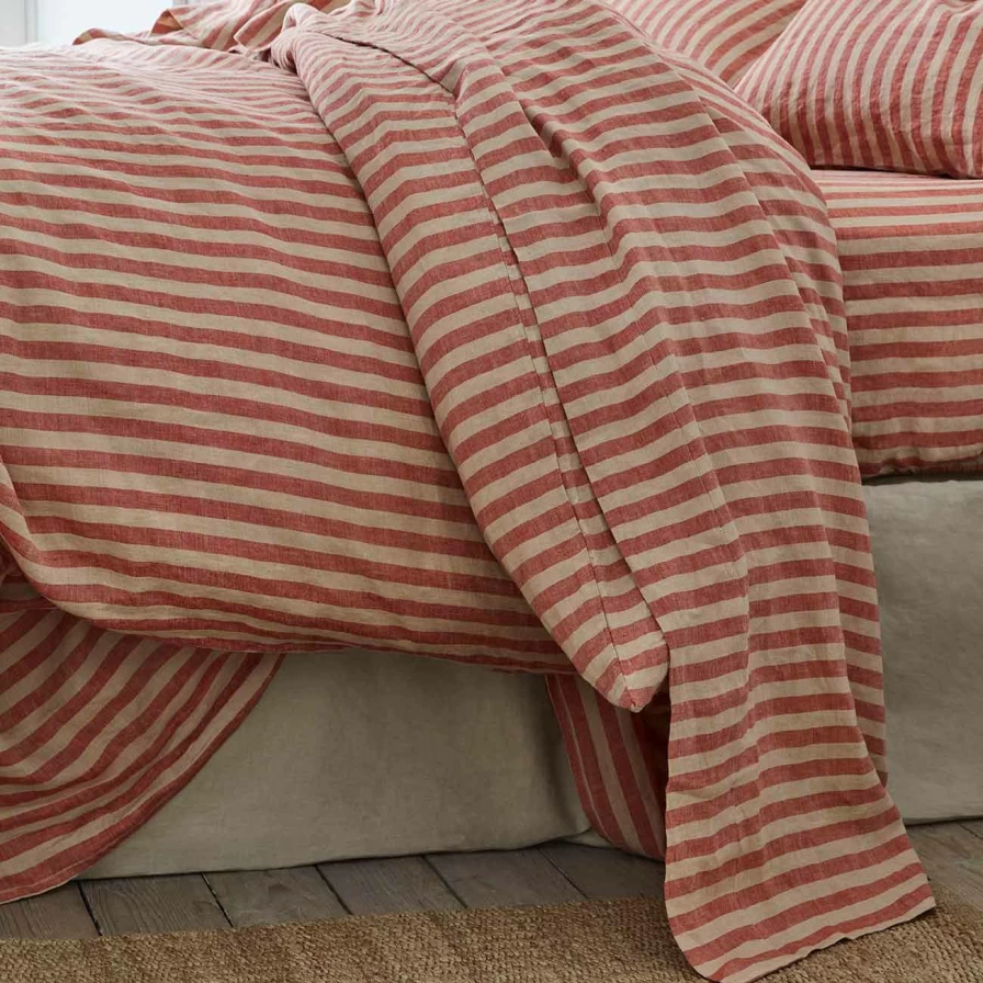 Piglet in Bed Red Sandstone Striped Linen Flat Sheet – Premium 100% European Flax Bedding