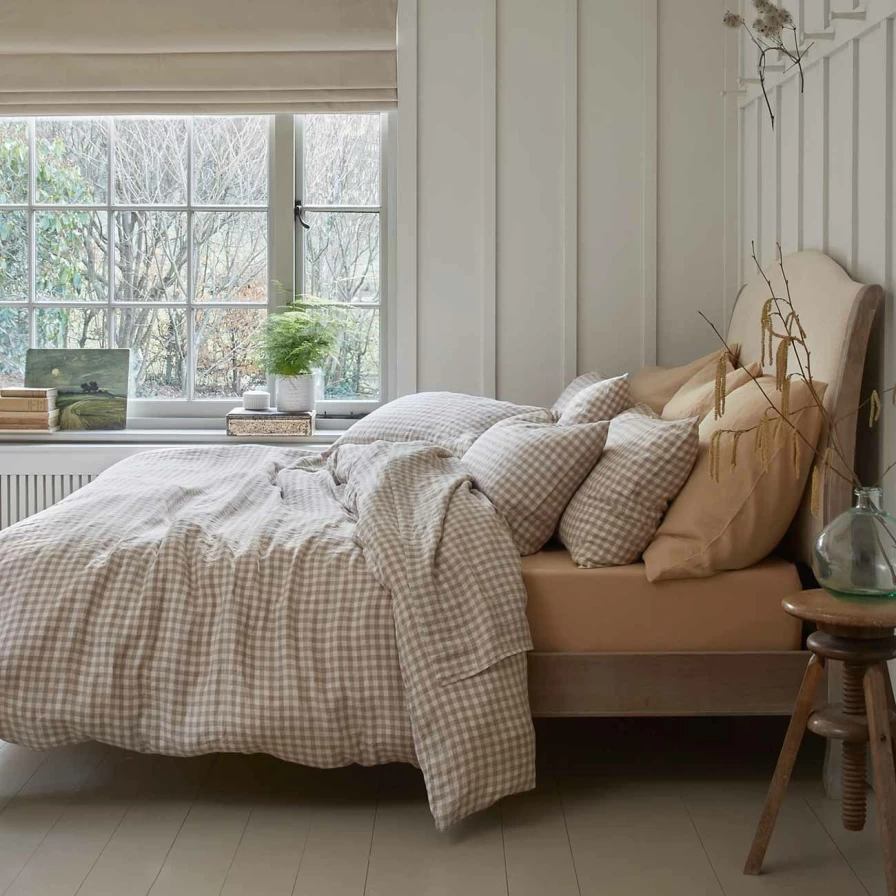 Piglet in Bed Mushroom Check Linen Duvet Cover - Organic Cotton Blend Rustic Bedding