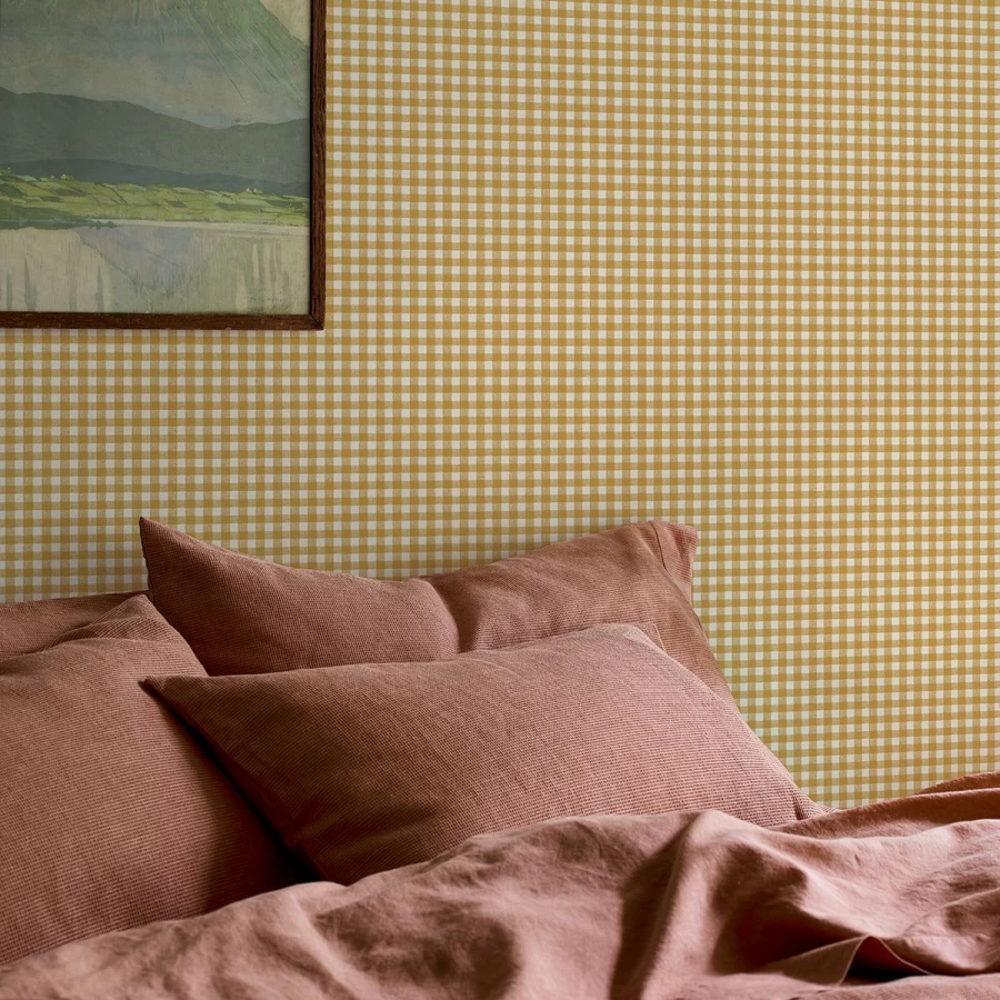 "Piglet in Bed Honey Gingham Wallpaper – Classic Checkered Pattern Peel & Stick Wallpaper"