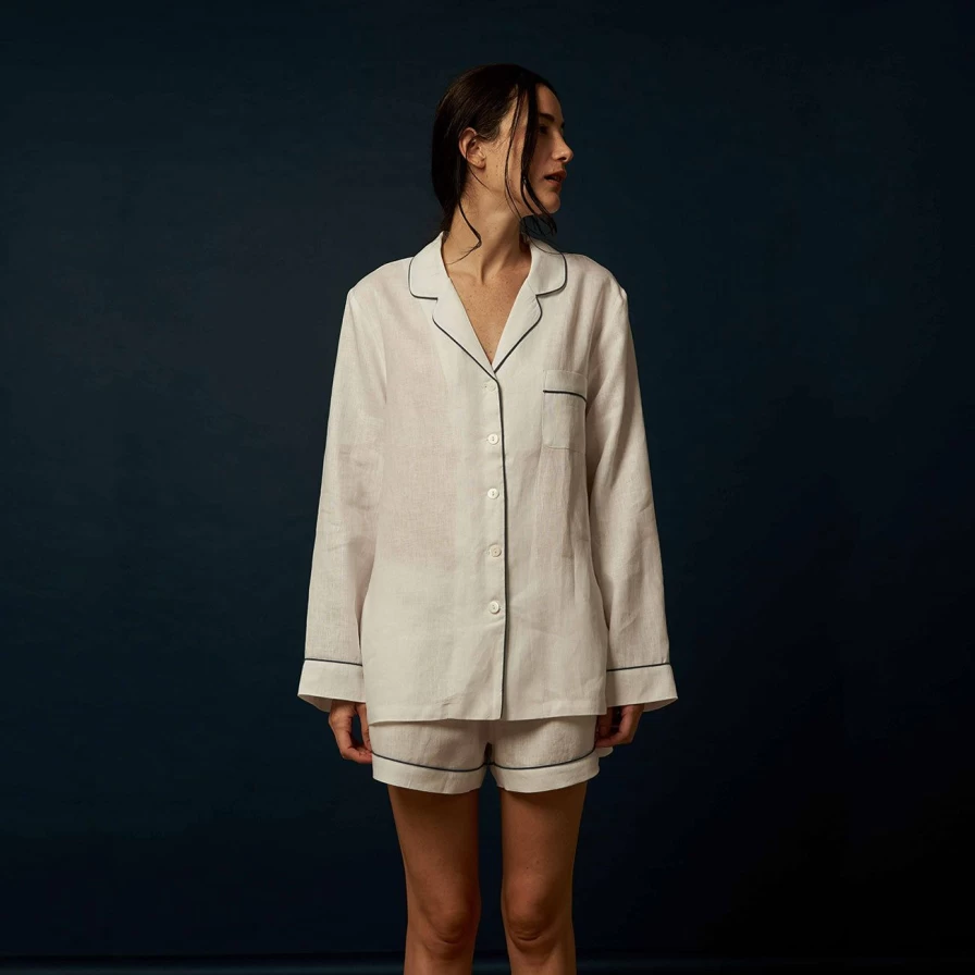 "Piglet in Bed Women's White Linen Pyjama Shorts Set - Breathable Summer Sleepwear"
