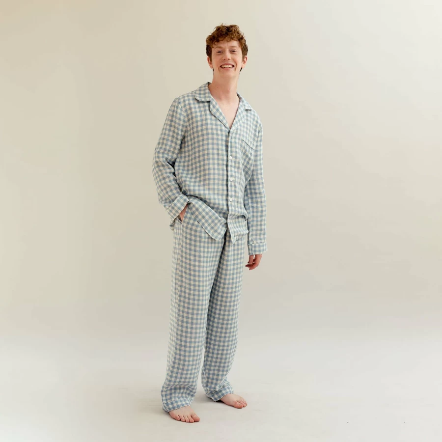 Piglet in Bed Men's Blue Gingham Linen Pyjama Set - Warm Winter Pajama Trousers