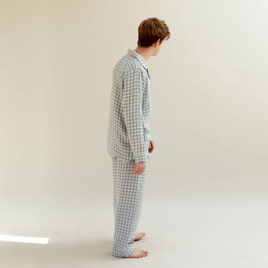 Piglet in Bed Men's Blue Gingham Linen Pyjama Set - Warm Winter Pajama Trousers