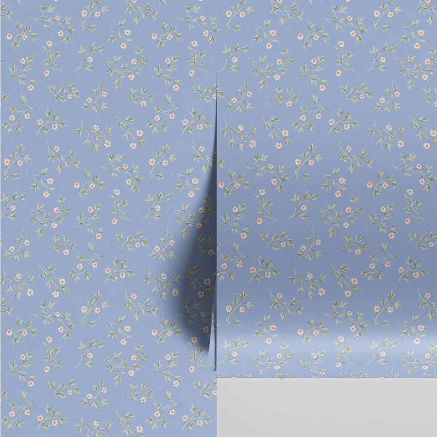 "Piglet in Bed Meadow Blue Spring Sprig Wallpaper – Floral Botanical Peel and Stick Wallpaper"
