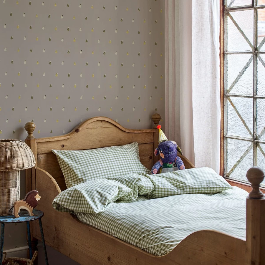 "Piglet in Bed Mushroom Grey Pears Wallpaper – Botanical Peel and Stick Wallpaper"