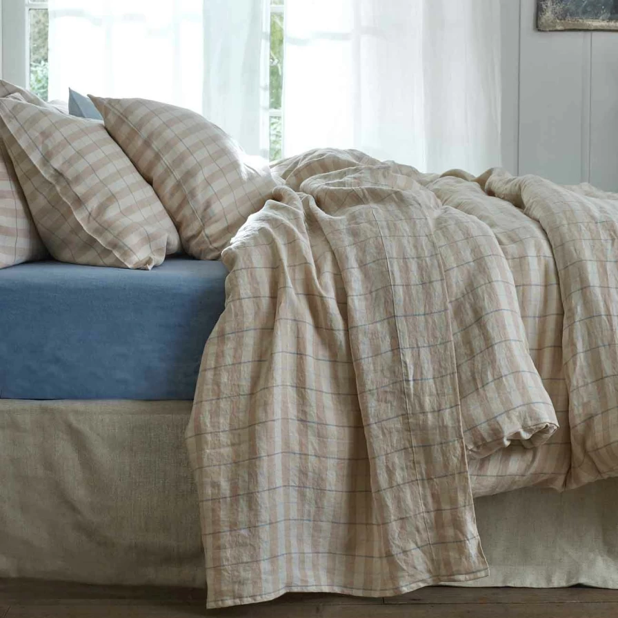Piglet in Bed Cafe Au Lait Striped Linen Flat Sheet - Check Pattern Bedding
