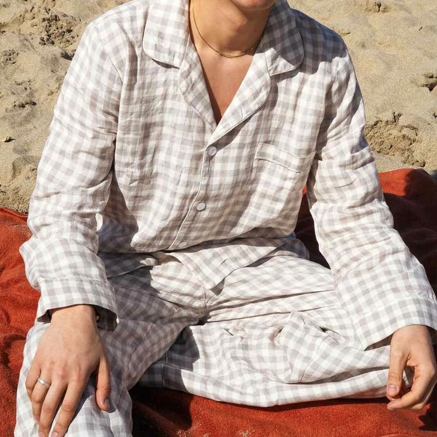 Piglet in Bed Men's Mushroom Gingham Check Cotton Pyjama Set - Relaxing Sleep Pajamas