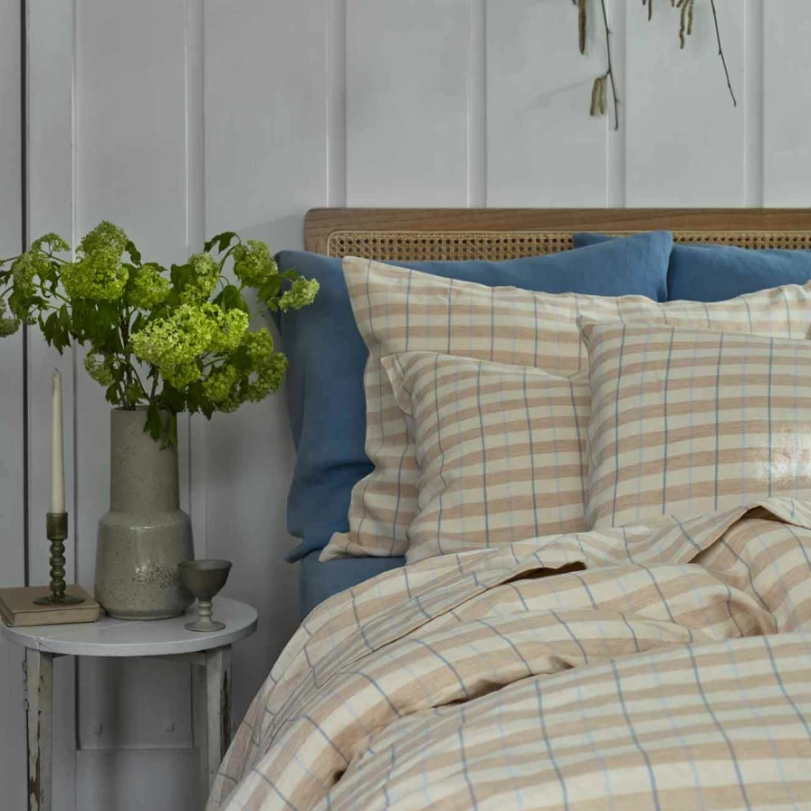 Piglet in Bed Cafe Au Lait Striped Linen Pillowcase Set of 2 - Soft Checkered Pillow Covers for Bedroom Decor
