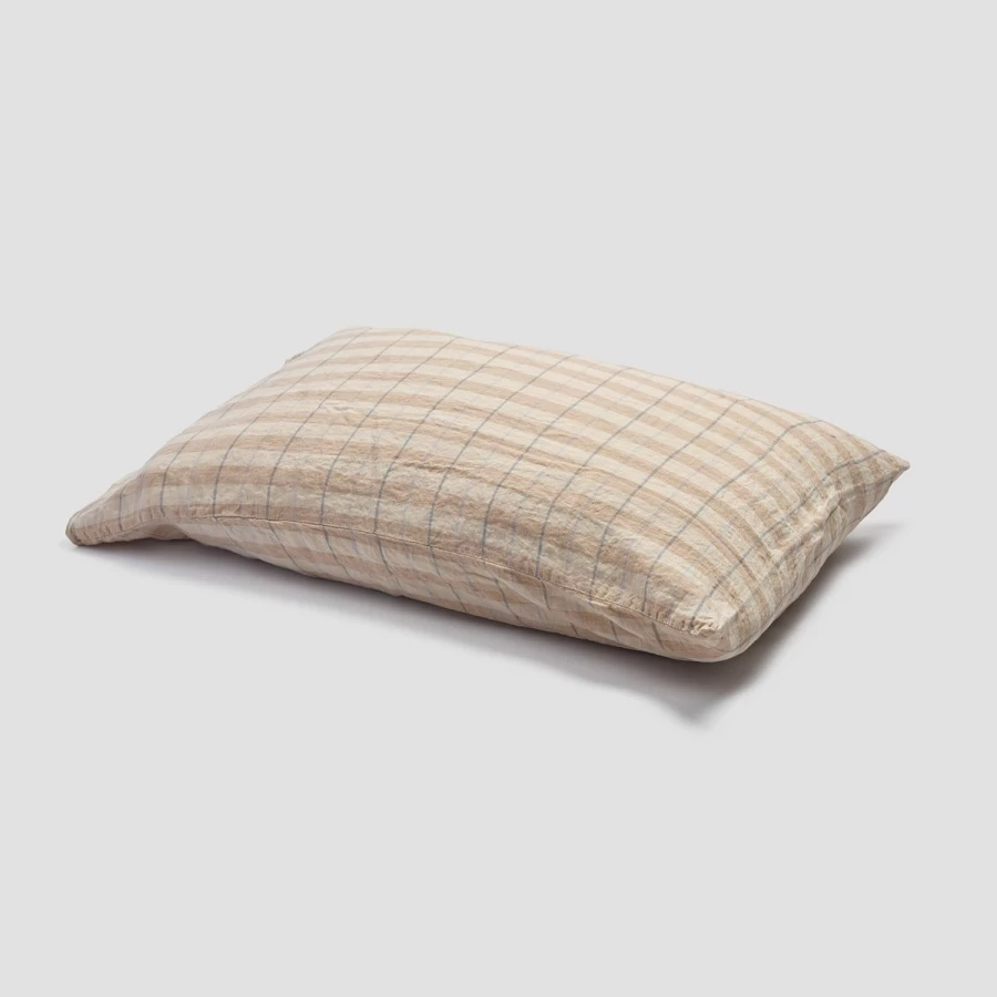 Piglet in Bed Cafe Au Lait Striped Linen Pillowcase Set of 2 - Soft Checkered Pillow Covers for Bedroom Decor