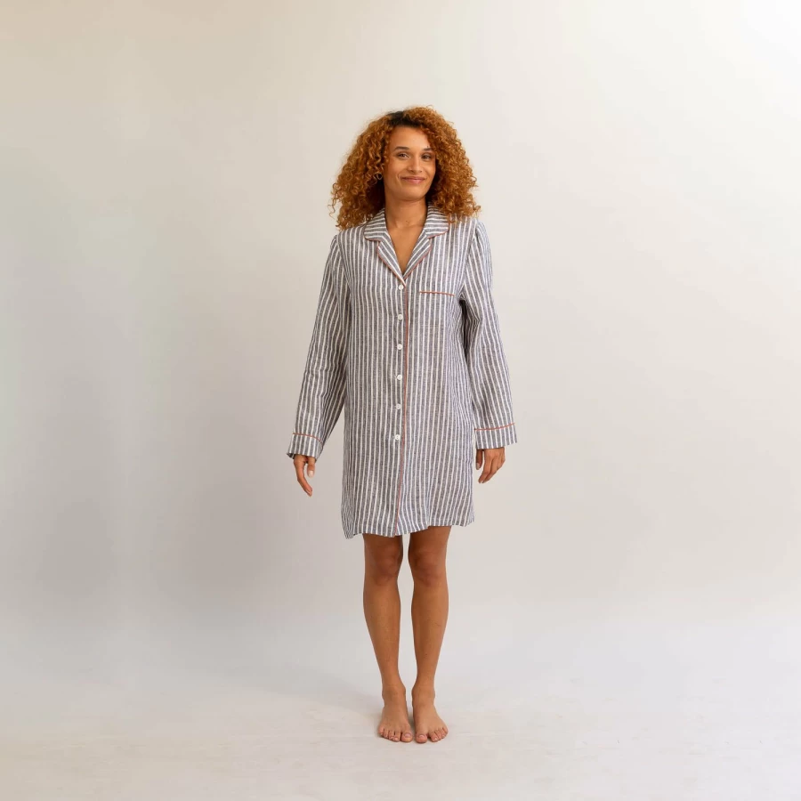 "Piglet in Bed Midnight Blue Striped Linen Sleep Shirt for Women"