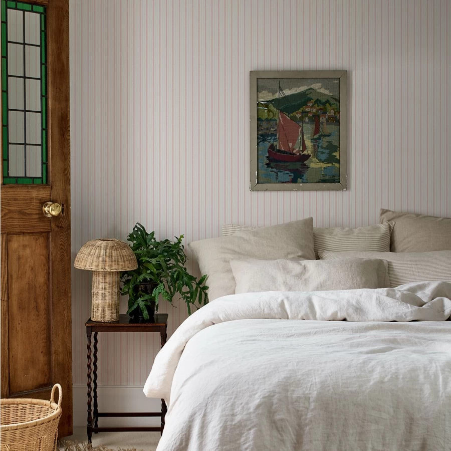 "Piglet in Bed Pink Bloom Ticking Stripe Wallpaper – Floral Striped Wallpaper for Bedroom & Home Decor"