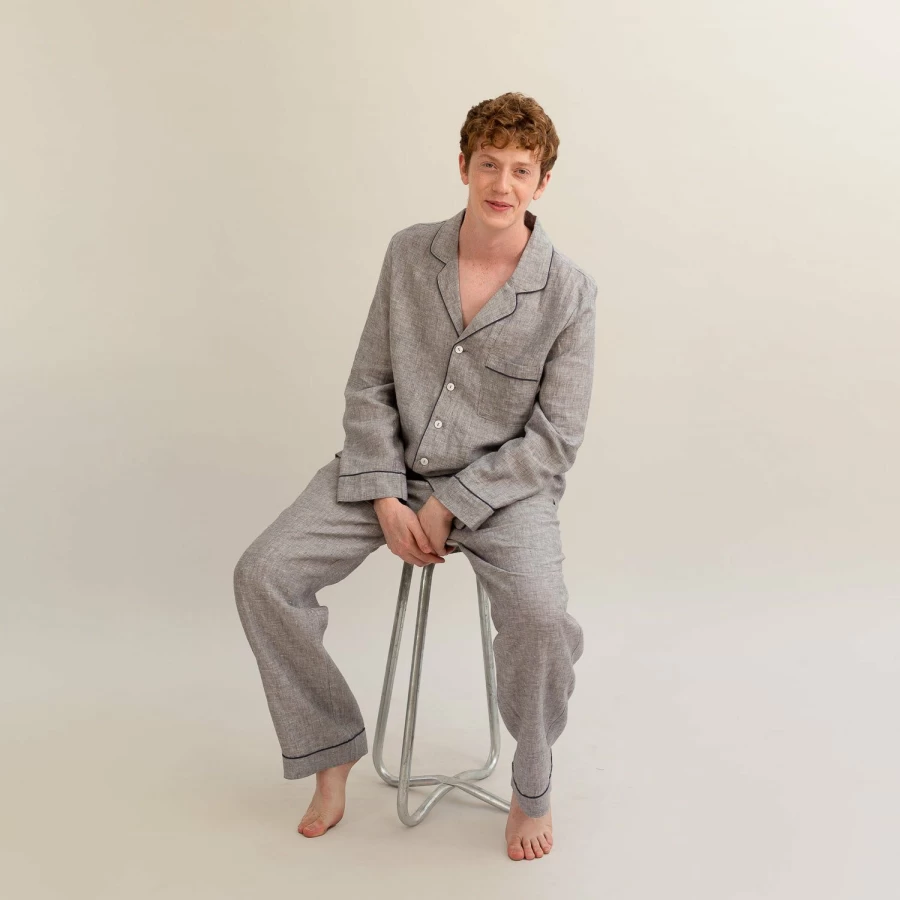 Piglet in Bed Men's Grey Linen Pyjama Set - Comfortable Sleepwear Pants for Men