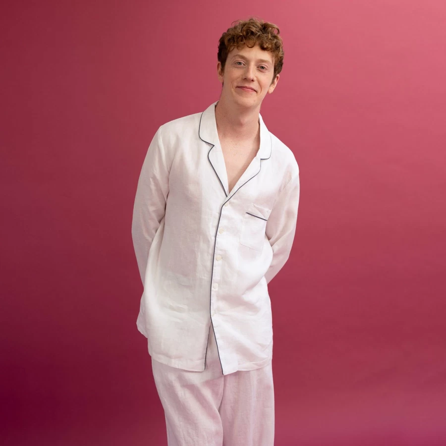 Piglet in Bed Men's White Linen Pyjama Shirt - Breathable Summer Sleep Top