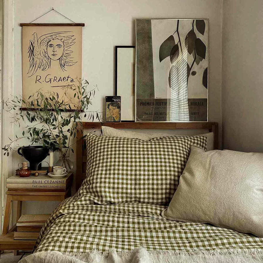 Piglet in Bed Botanical Green Gingham Linen Duvet Cover Set - 100% Natural European Flax