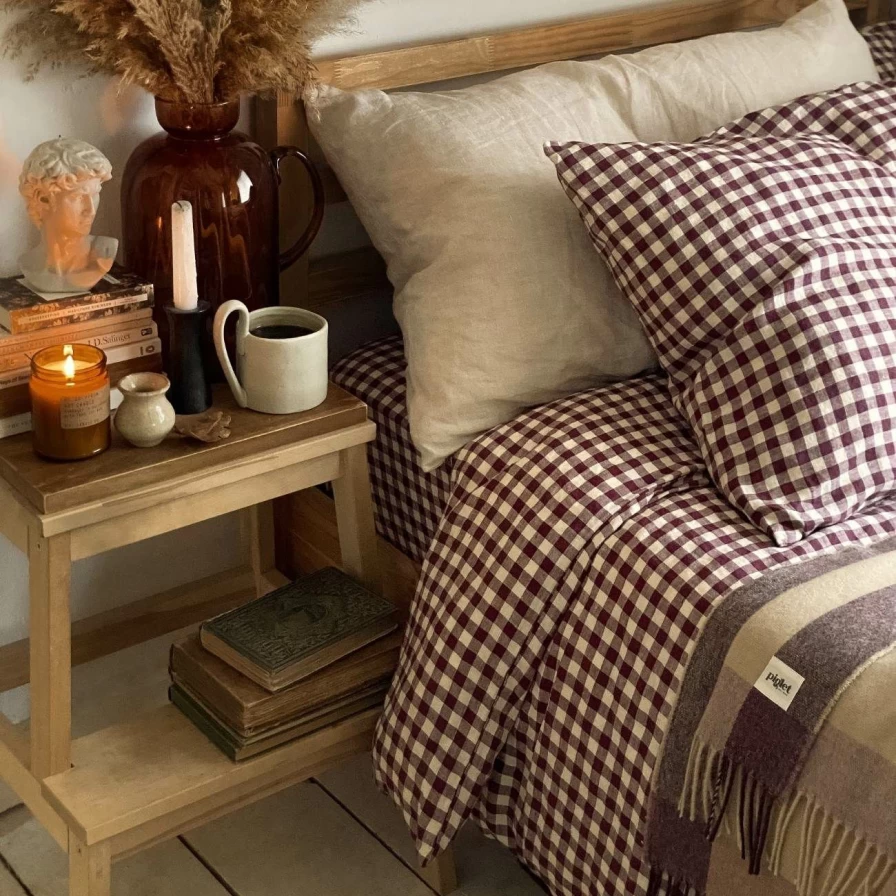 Piglet in Bed Berry Gingham Linen Duvet Cover Set - 100% Organic French Flax, Breathable & Washable