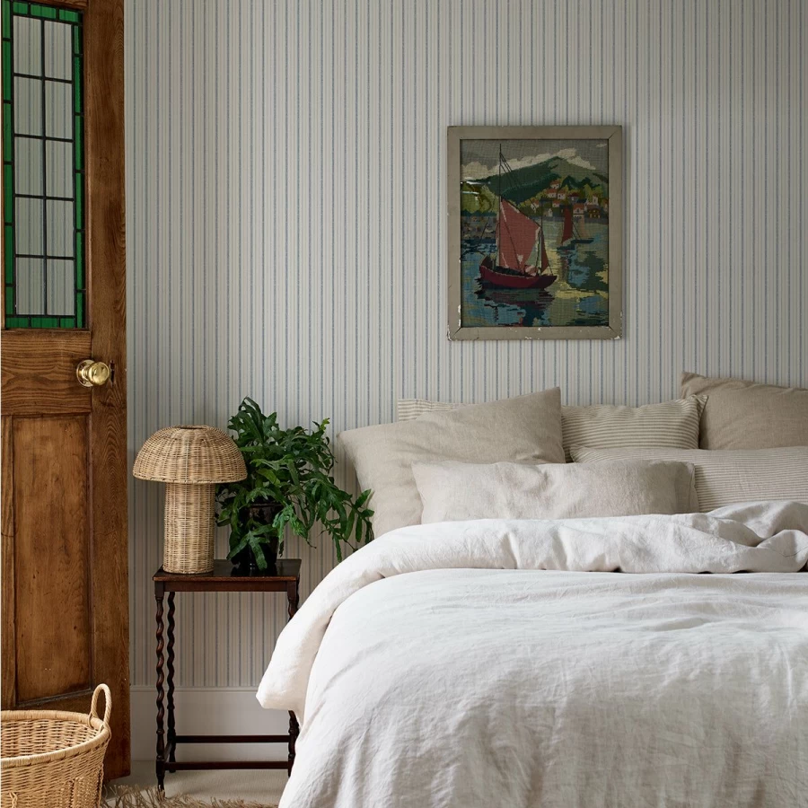 "Piglet in Bed Denim Blue Ticking Stripe Wallpaper – Premium Textured Wallpaper for Stylish Interiors"