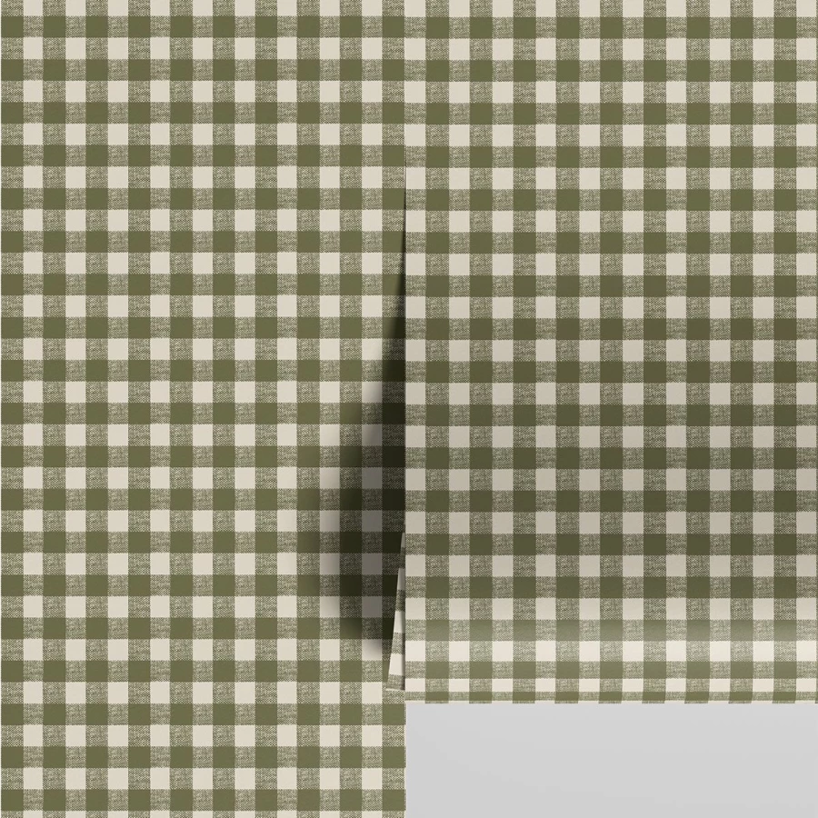 "Piglet in Bed Botanical Green Gingham Wallpaper – Vintage Floral Peel and Stick"
