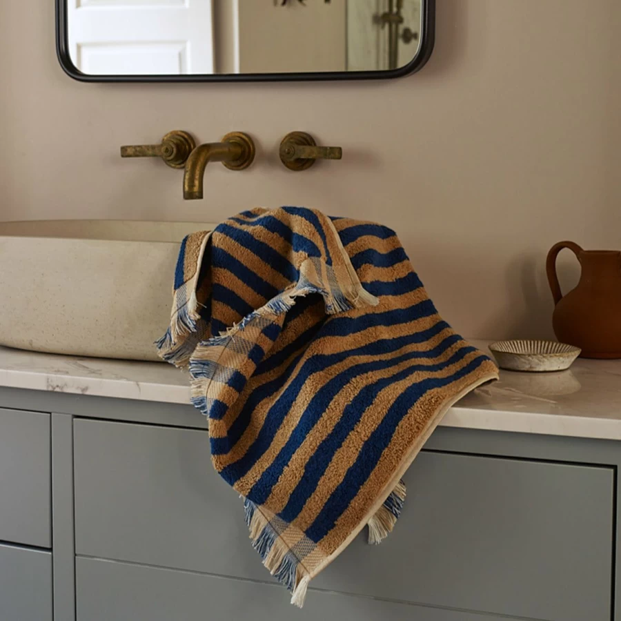 Piglet in Bed Blue and Porcini Stripe Cotton Towels – Soft Luxury Bath Towels