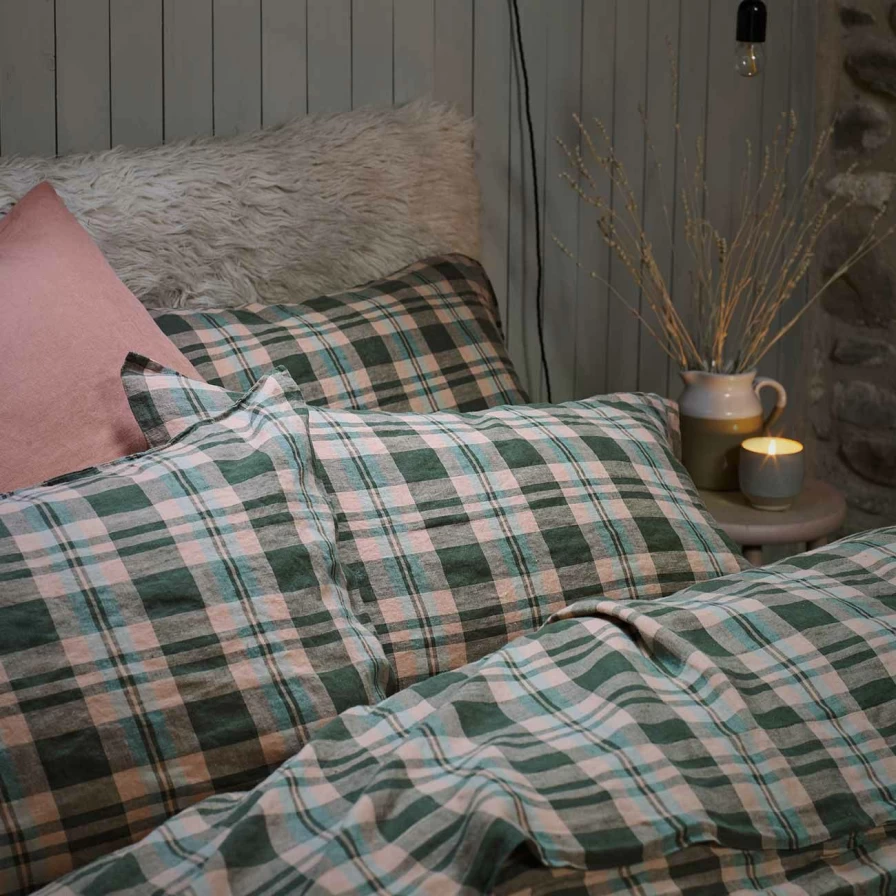 Piglet in Bed Fern Green Checkered Linen Pillowcase Set - 2 Pack