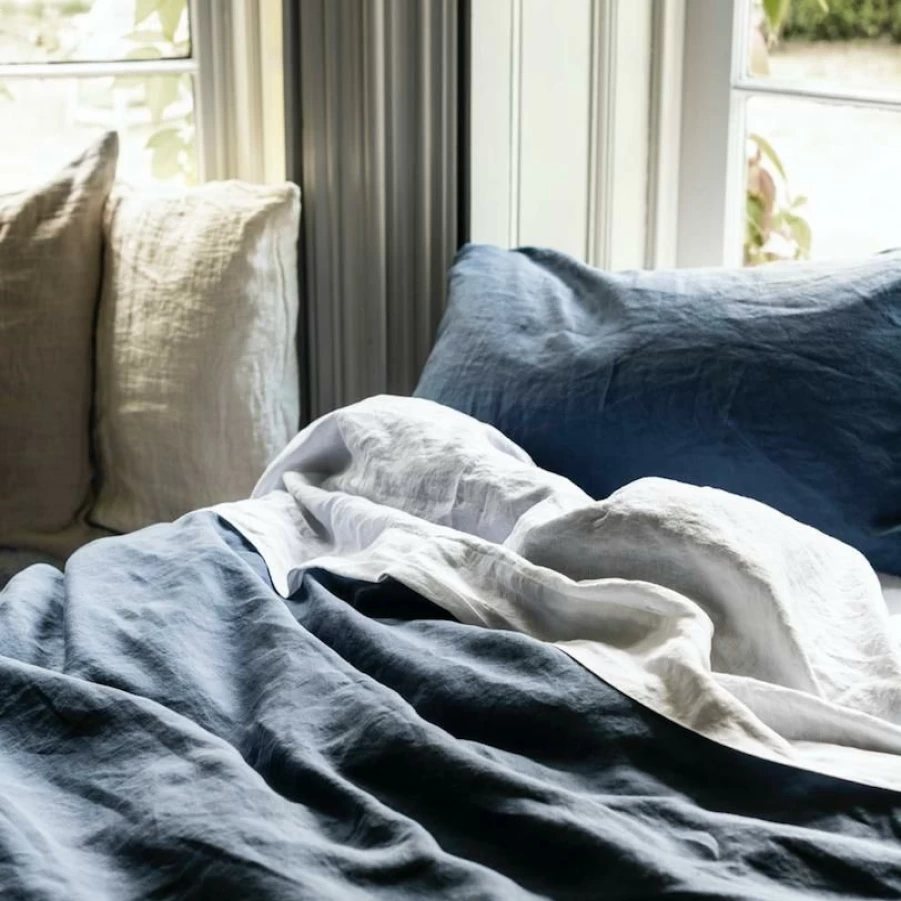 Piglet in Bed 100% Linen Duvet Cover - Breathable Blueberry Blue Bedding Set, Double Queen King Sizes