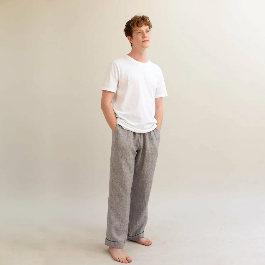 Piglet in Bed Men's Grey Linen Pyjama Pants - Comfortable Sleepwear Lounge Trousers