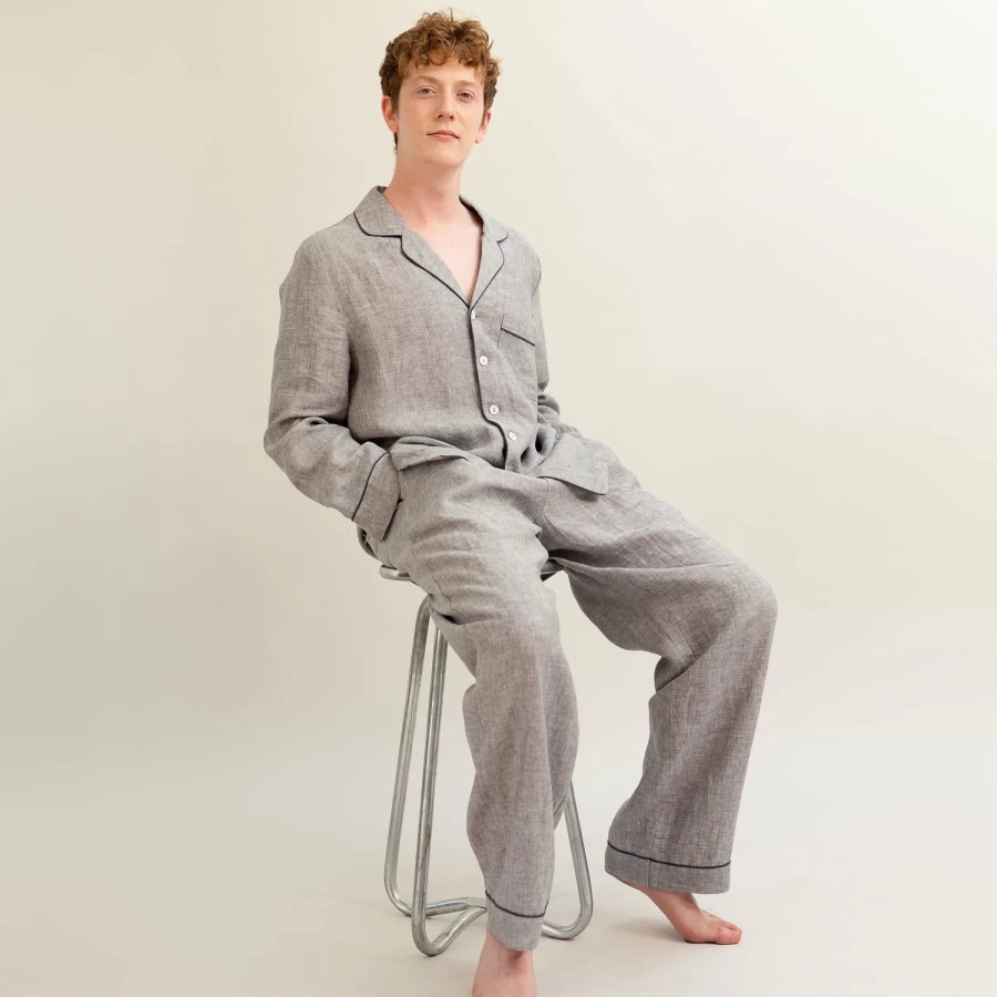 Piglet in Bed Men's Grey Linen Pyjama Pants - Comfortable Sleepwear Lounge Trousers