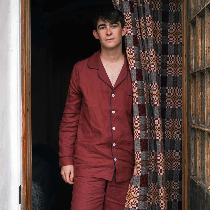 Piglet in Bed Men's Linen Pyjama Set - Comfortable Cherry Plain Sleepwear Trousers