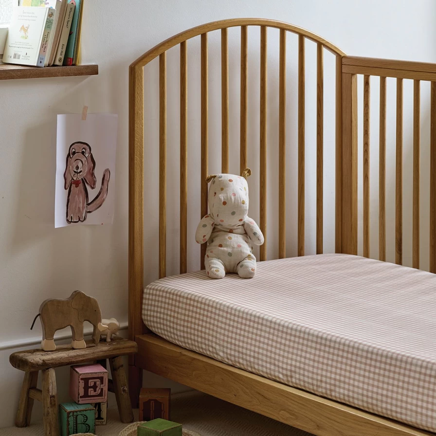Piglet in Bed Kids Cafe Au Lait Gingham Cotton Fitted Crib Sheet