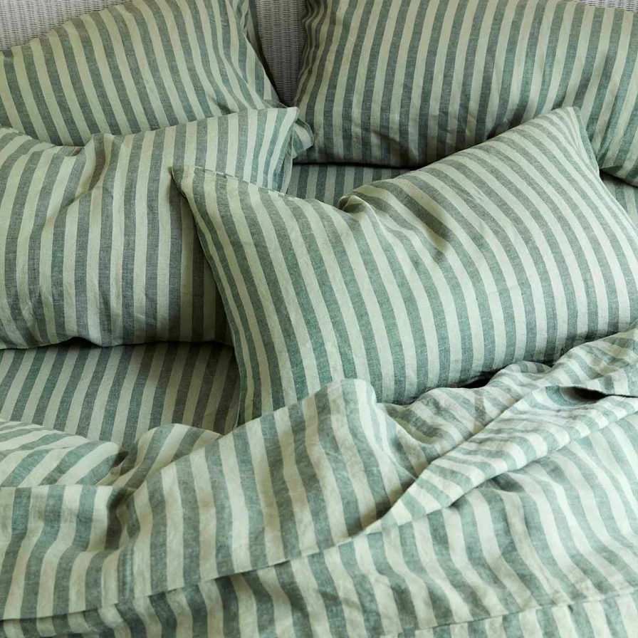 Piglet in Bed Pine Green Striped Linen Fitted Sheet - Premium Quality Fitted Bed Sheet