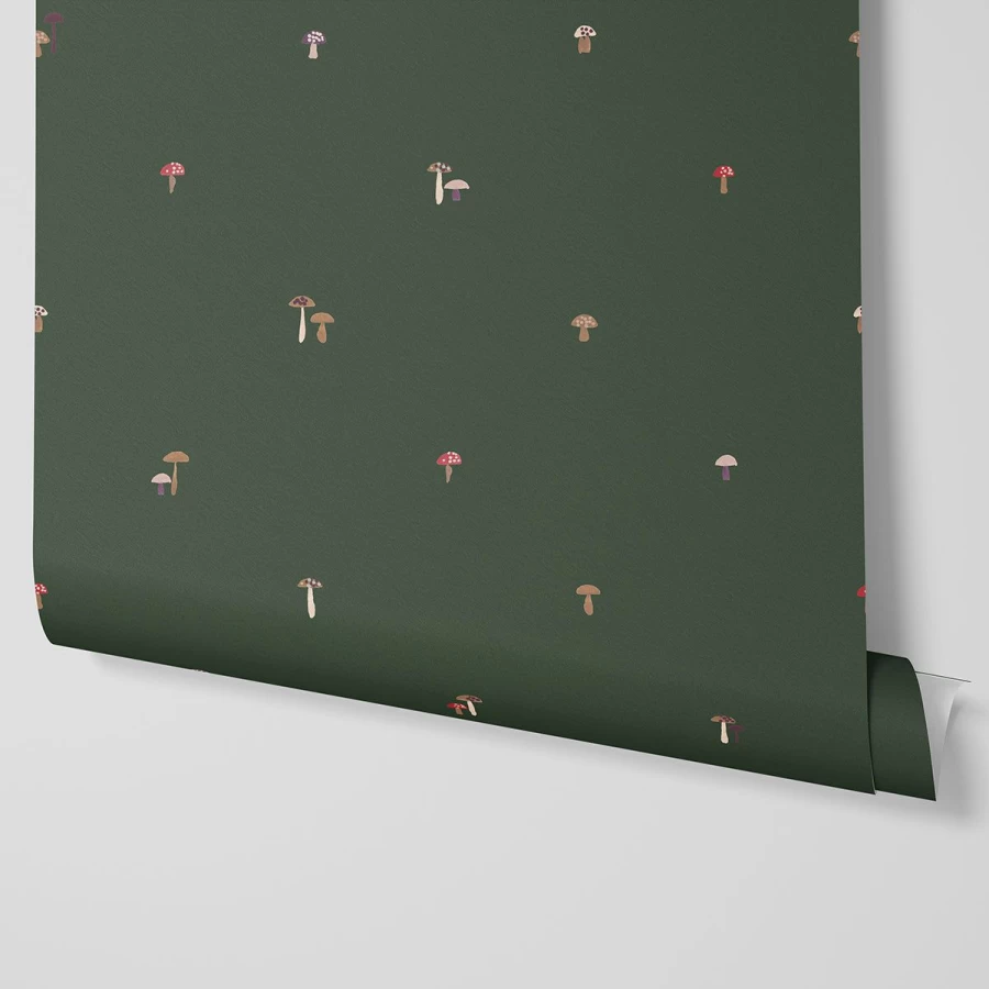 "Piglet in Bed Fern Green Mushrooms Wallpaper – Botanical Peel and Stick Wall Mural"
