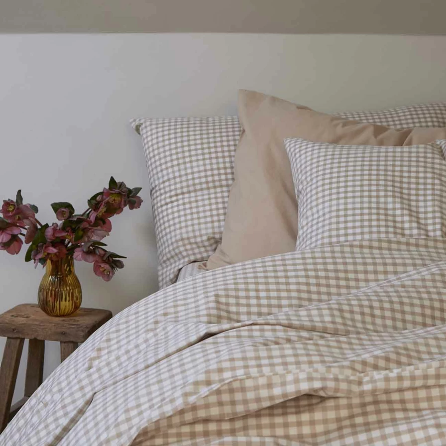 Piglet in Bed Cafe Au Lait Small Gingham Cotton Pillowcase Set - 100% Organic Cotton Pair