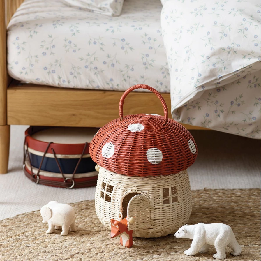 Piglet in Bed Red Mushroom Woven Storage Basket – Handmade Rustic Home Decor