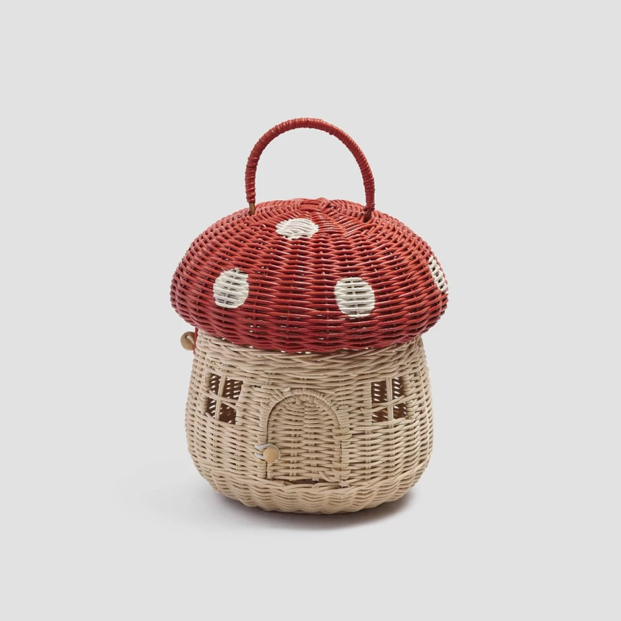 Piglet in Bed Red Mushroom Woven Storage Basket – Handmade Rustic Home Decor